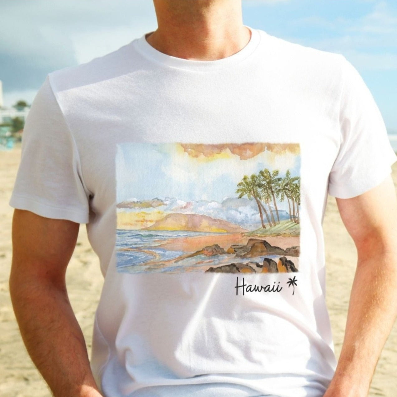Watercolor Hawaii Shoreline sunset scene Tee Shirt – Boho Beach