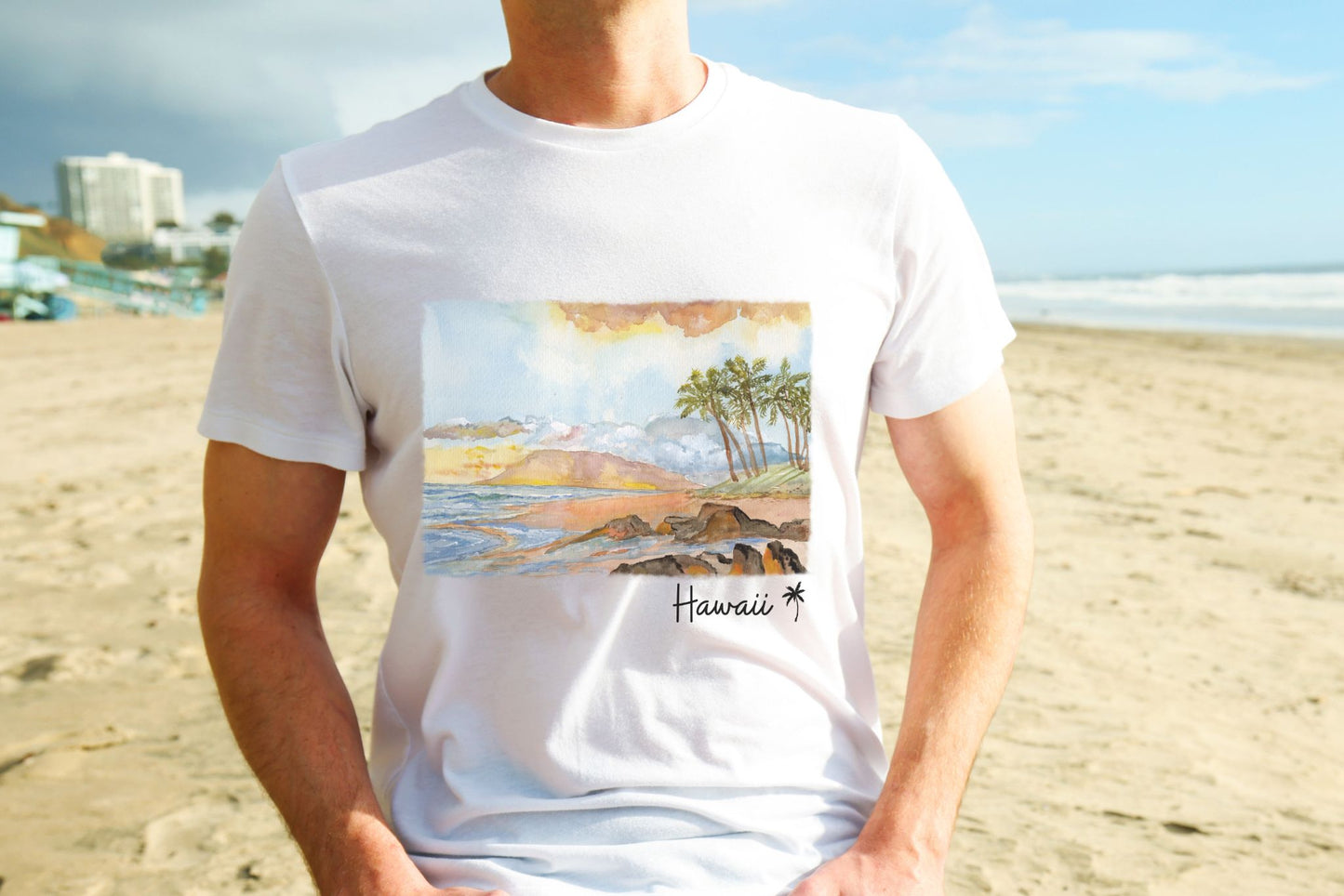 Watercolor Hawaii Shoreline sunset scene Tee Shirt