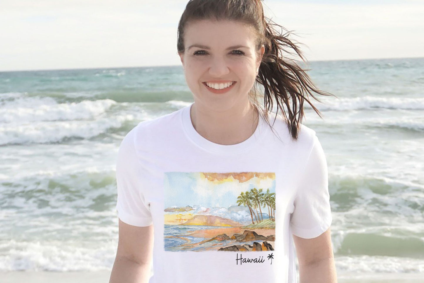 Watercolor Hawaii Shoreline sunset scene Tee Shirt