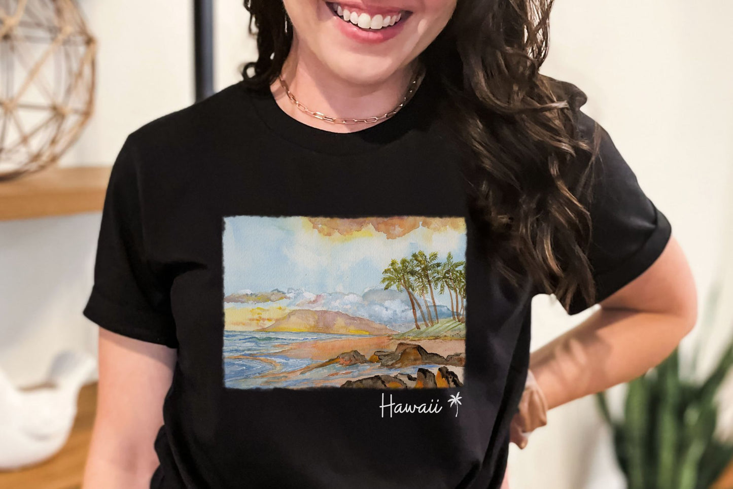 Watercolor Hawaii Shoreline sunset scene Tee Shirt