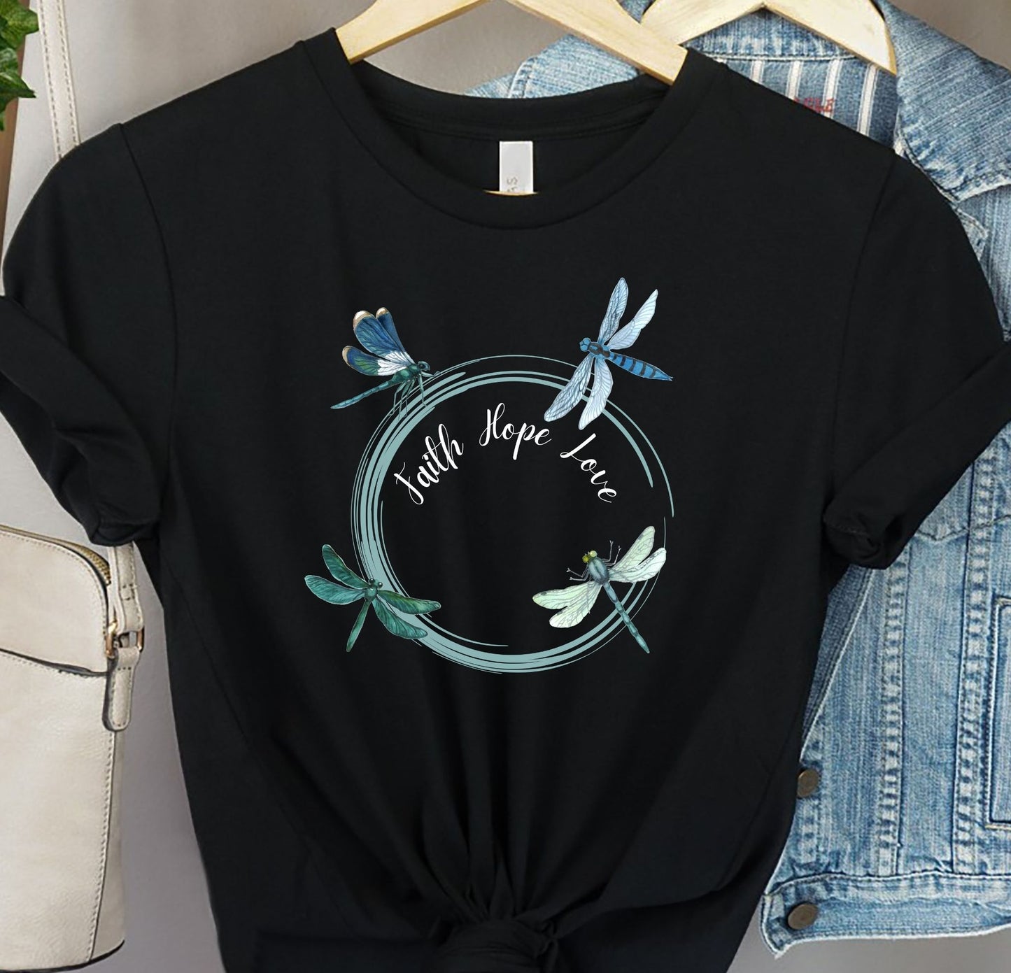 Dragonfly inspirational T shirt Faith, Hope, and Love