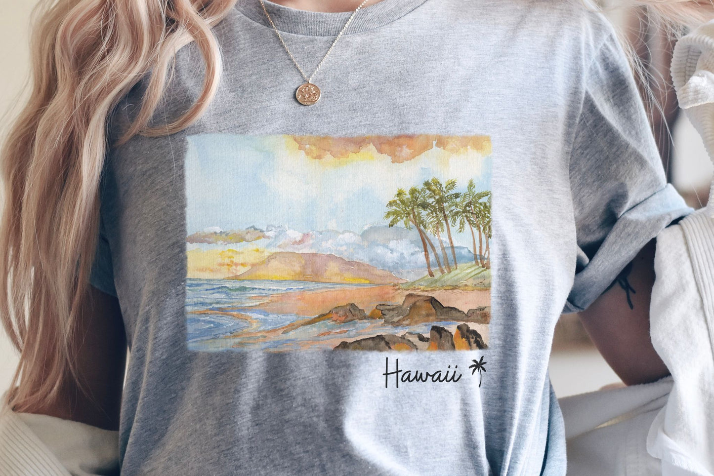 Watercolor Hawaii Shoreline sunset scene Tee Shirt