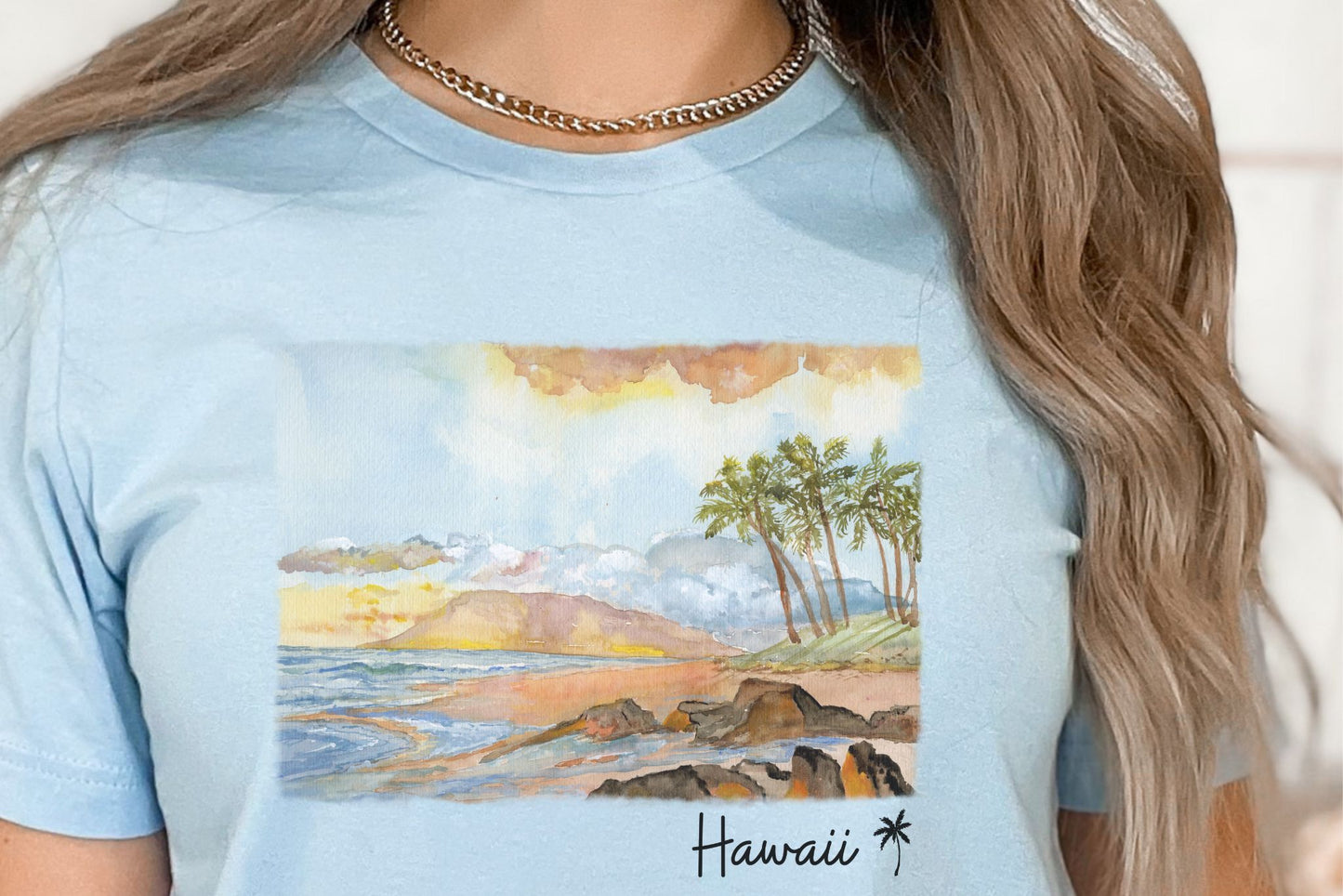 Watercolor Hawaii Shoreline sunset scene Tee Shirt