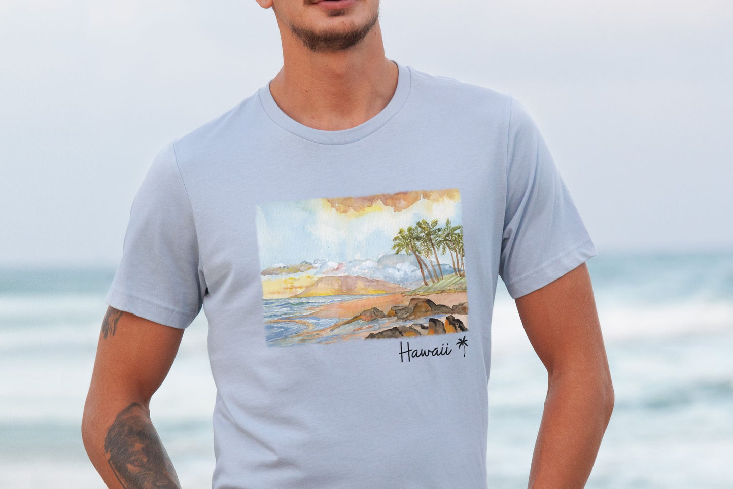 Watercolor Hawaii Shoreline sunset scene Tee Shirt