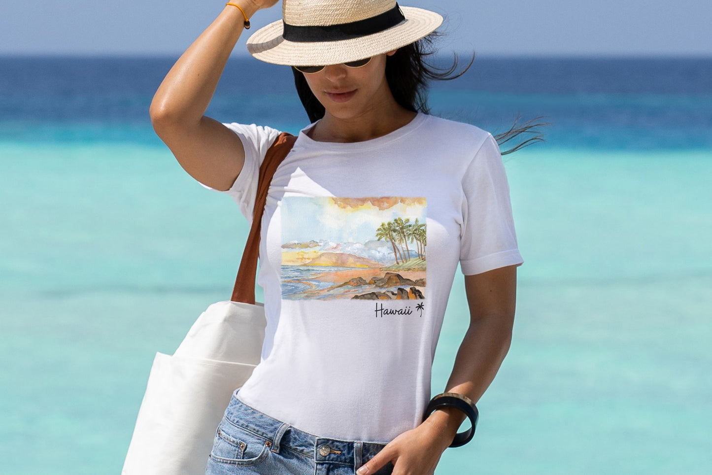 Watercolor Hawaii Shoreline sunset scene Tee Shirt